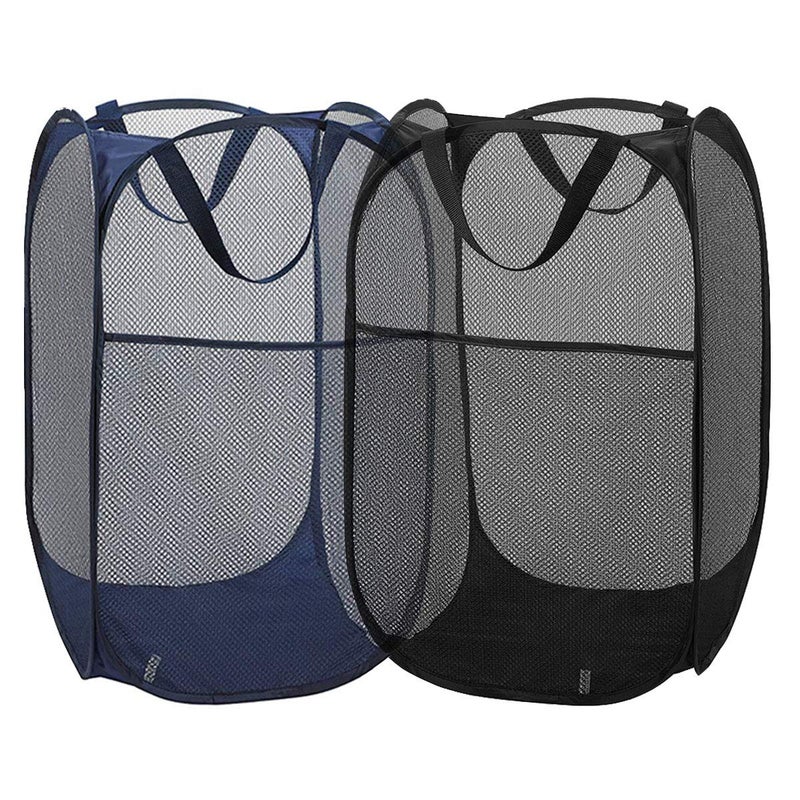 Buenod 2 Packs Mesh Pop up Laundry Hamper (Black/Navy Blue) with Portable Durable Handles, Collapsible for Storage, Folding Pop-Up Clothes Hampers for Apartment, Home, College Dorm or Travel - Image 1